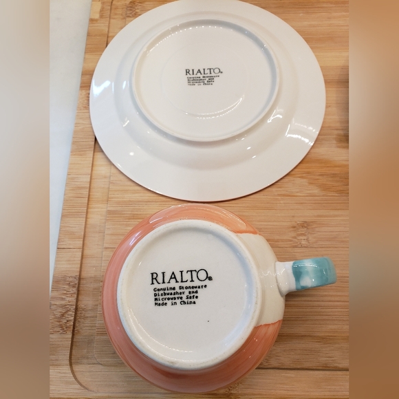 Rialto Genuine Stoneware 2 pink and blue coffee tea mugs with saucers - Picture 4 of 8